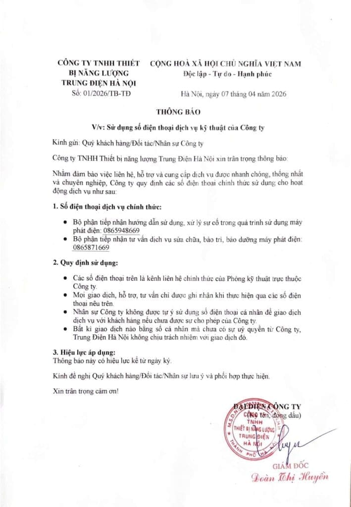 THÔNG BÁO QUAN TRỌNG HOTLINE KỸ THUẬT TRUNG ĐIỆN